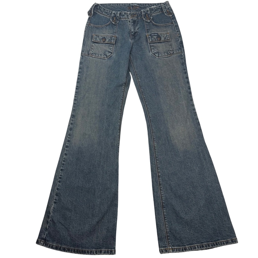 VTG Y2K Silver Jeans Utility Cargo Flare Leg Denim Jeans Low Rise Size 29x33